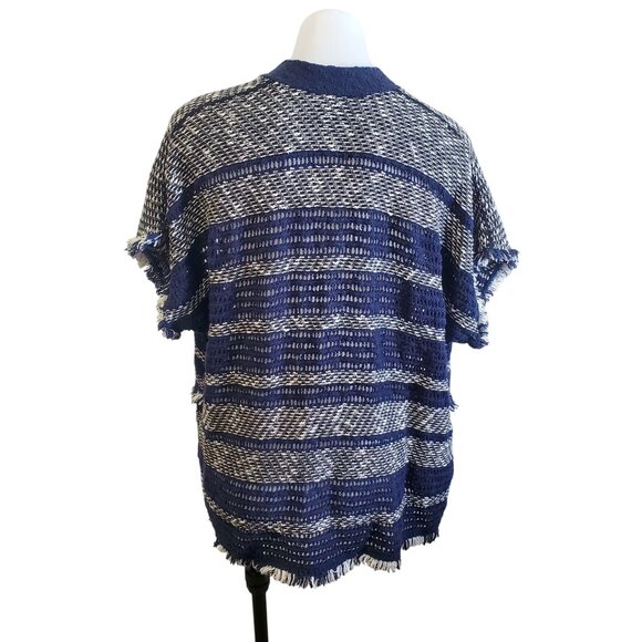 Lucky Brand Blue White Open Front Short Sleeve Boho Fringe Poncho Cardigan XS/S - Picture 4 of 8